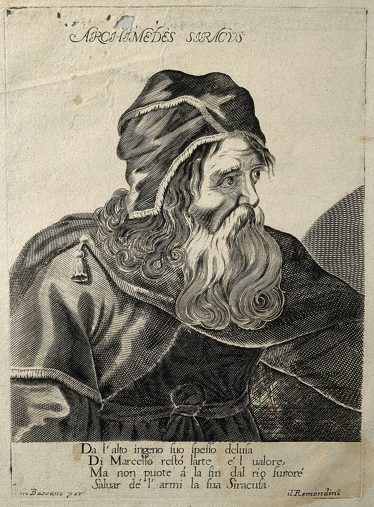 Archimedes Siracus. Line engraving by Remondini.