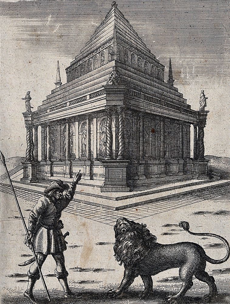 A forester stand with his spear in his hand before a lion and points to the tomb of Mausolus and a statue of a lion laying…