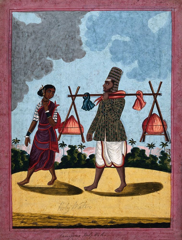 A man carrying Holy water with his wife. Gouache drawing.