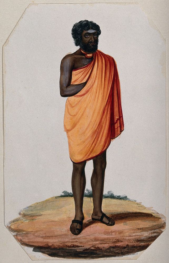 A Hindu ascetic or holy man: standing, wearing a short saffron robe and sandals. Gouache painting.