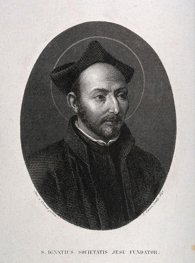 Saint Ignatius of Loyola. Line engraving by J. Caron, 1842, after J. del Conte.
