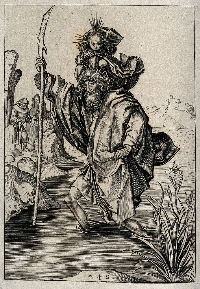 Saint Christopher. Line engraving by or after M. Schongauer.