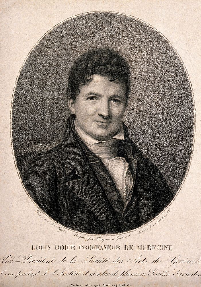 Louis Odier. Stipple engraving by N. Schenker after F. C. Massot.