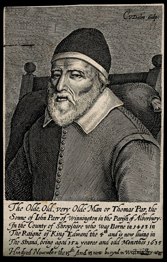 Thomas Parr, aged 152. Line engraving by C. van Dalen.