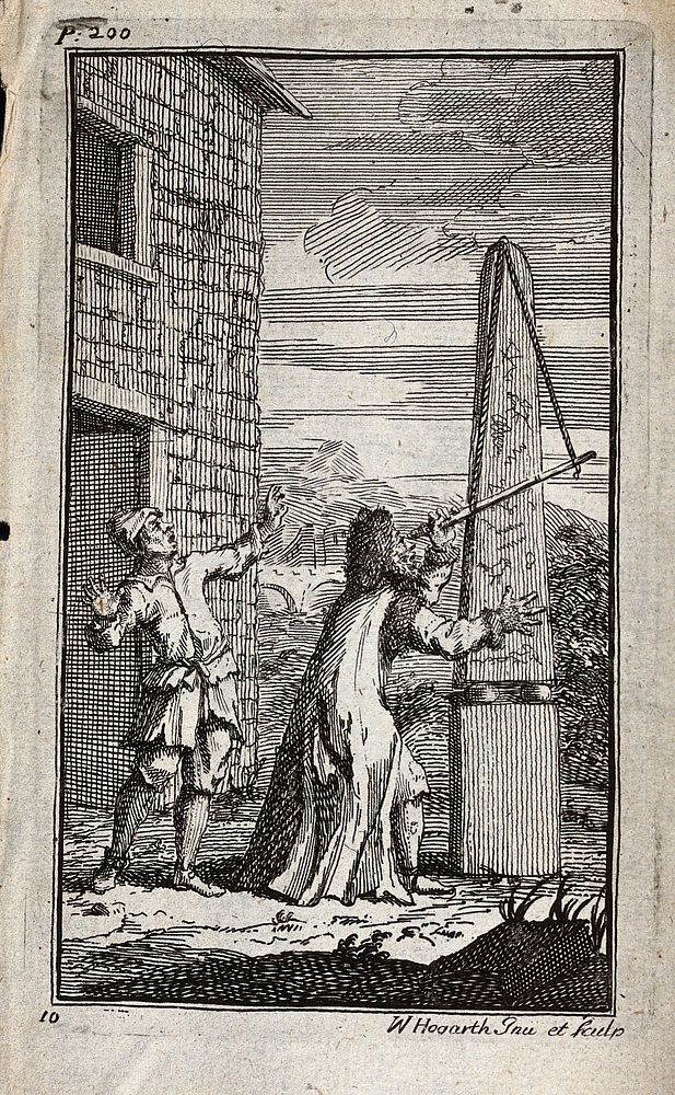 Astronomy: the astronomer Sidrophel, using a telescope, misidentifies a kite as a comet. Etching by W. Hogarth, ca. 1721.