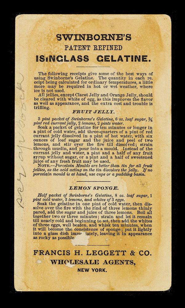 Swinborne's patent refined isinglass gelatine for invalids and confectionary purposes... / G.P. Swinborne ; Francis H.…