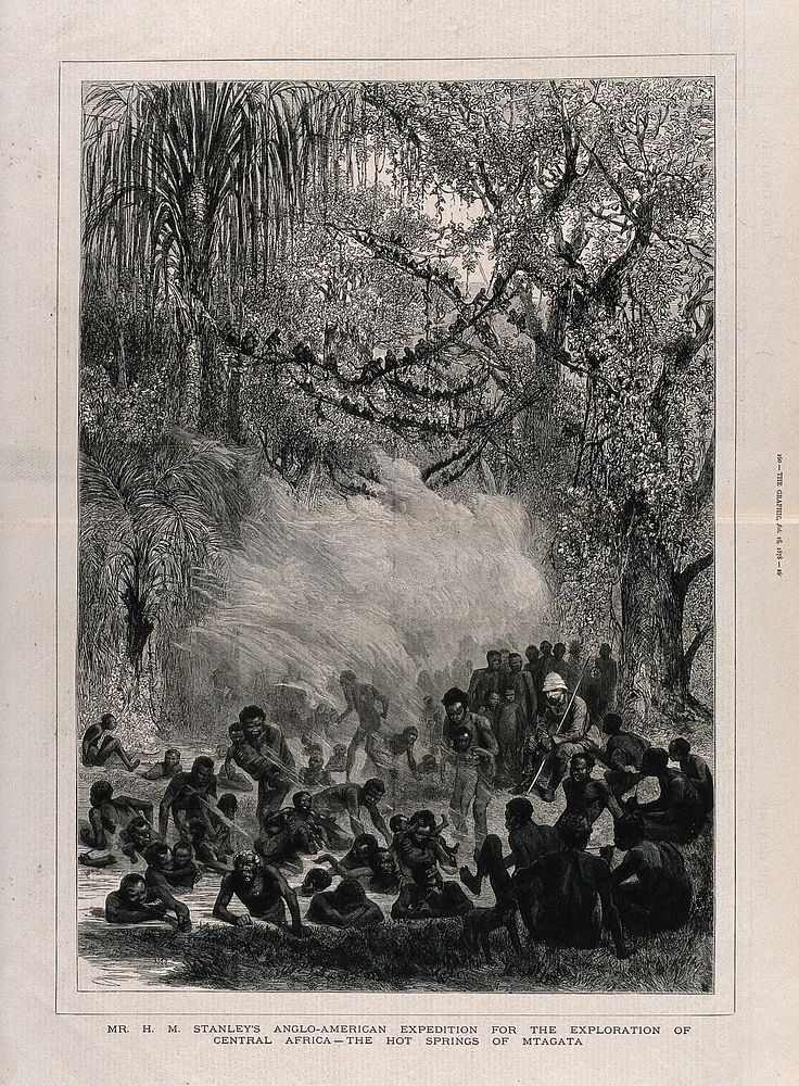 Hot Springs, Mtagata, Central Africa: H.M. Stanley observing the therapeutic powers of the hot springs. Wood engraving, 1878.