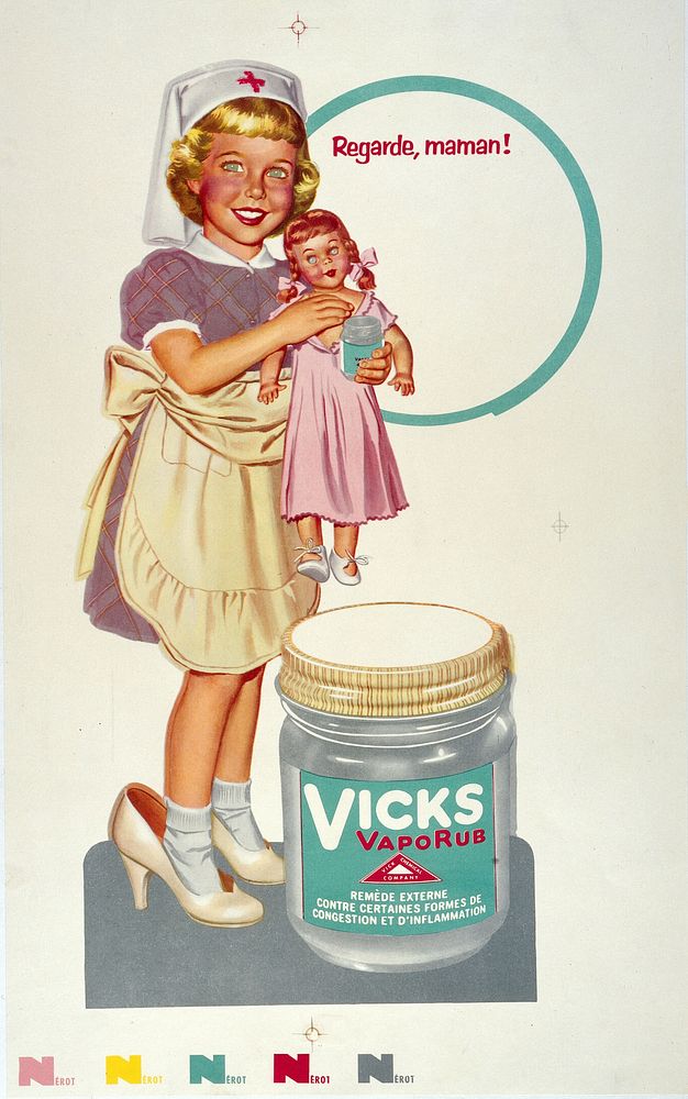 A girl playing at being a nurse by rubbing "Vick" ointment on the chest of a doll. Colour lithograph.