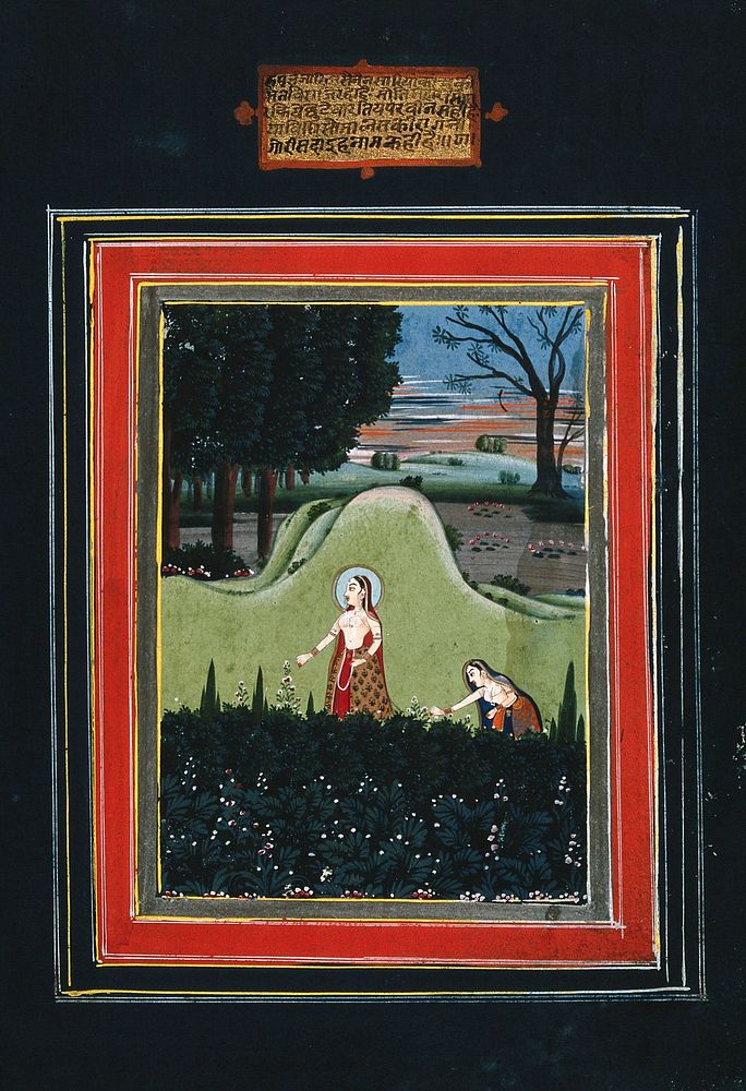 A high ranked Indian woman walking in the garden followed by another woman picking flowers. Gouache painting by an Indian…