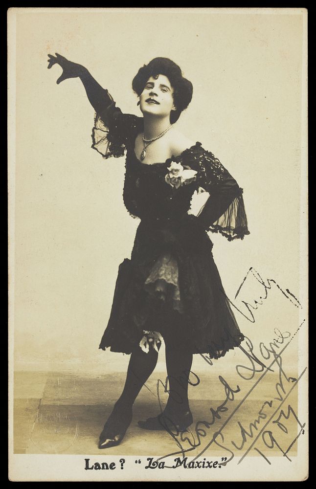 Leonard Lane, dressed as a woman, dancing. Photographic postcard, 1907.