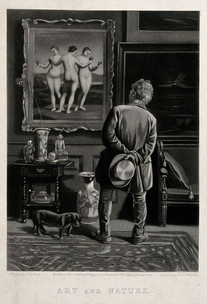 A man looking at a version of the painting of the three Graces by Raphael. Mezzotint by F. Atkinson, 1882, after J.E. Soden.