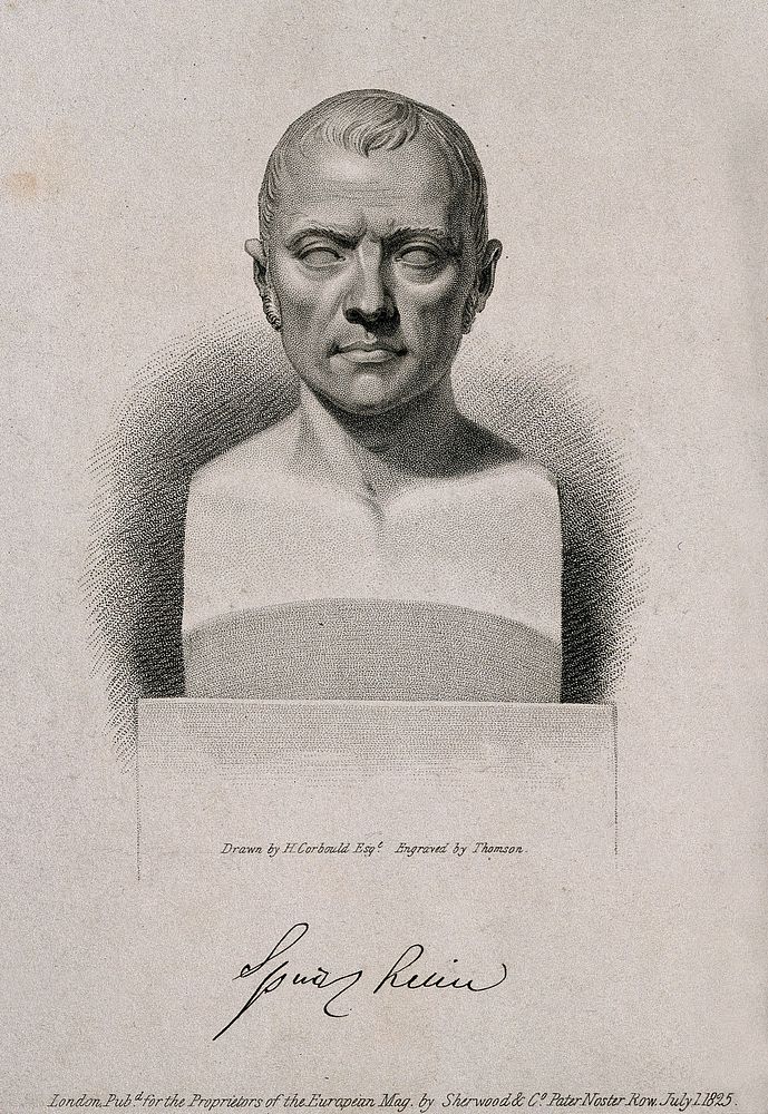 Johann Caspar Spurzheim. Stipple engraving by J. Thomson, 1825, after H. Corbould after a sculpted bust.