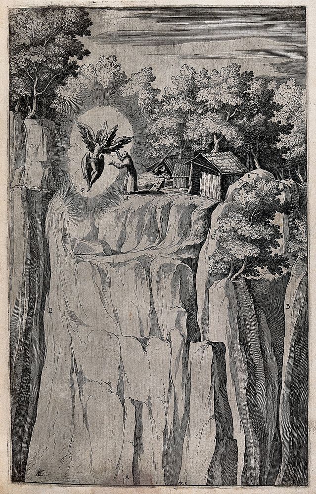 Saint Francis of Assisi having a vision of a winged seraph on mount La Verna. Etching by R. Sciaminossi after J. Ligozzi…