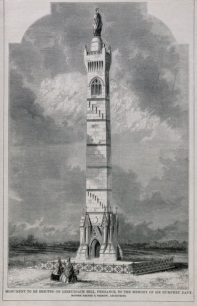Design for a monument to be erected on Leskudjack Hill, Penzance, to the memory of Sir Humphry Davy. Wood engraving by J.…