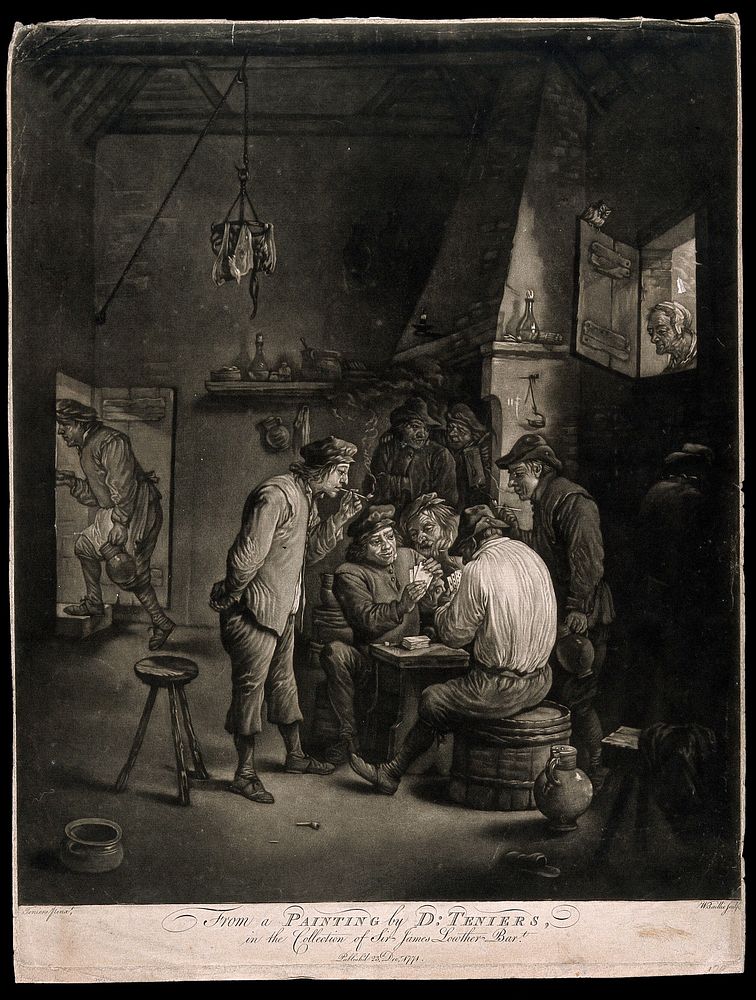 Two men play cards at a table as others watch, smoke and drink in a dingy smoke den. Mezzotint by W. Baillie, 1771, after D.…