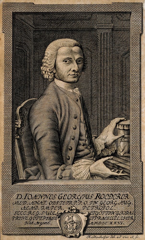 Johann Georg Roederer, professor of anatomy and midwifery at Goettingen, with left hand on glass jar containing foetus.…