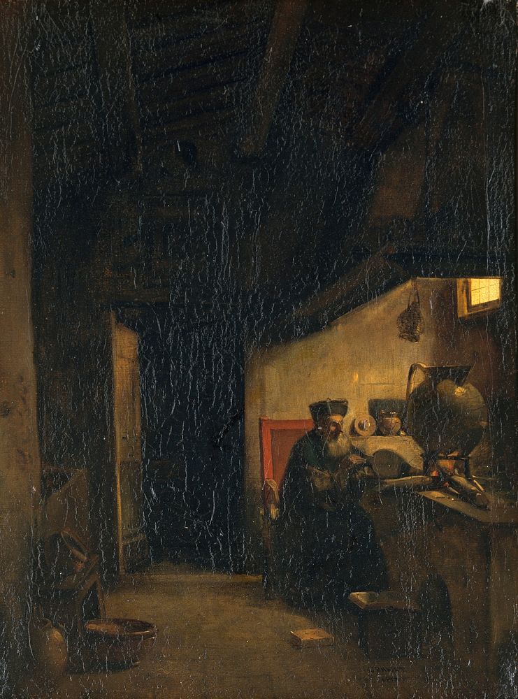 An alchemist applying bellows to a furnace. Oil painting by a follower  of François-Marius Granet.