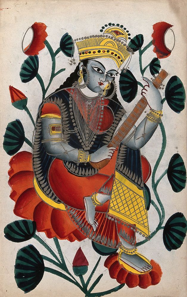 Sarasvati sitting on lotuses plying her vina. Watercolour drawing.