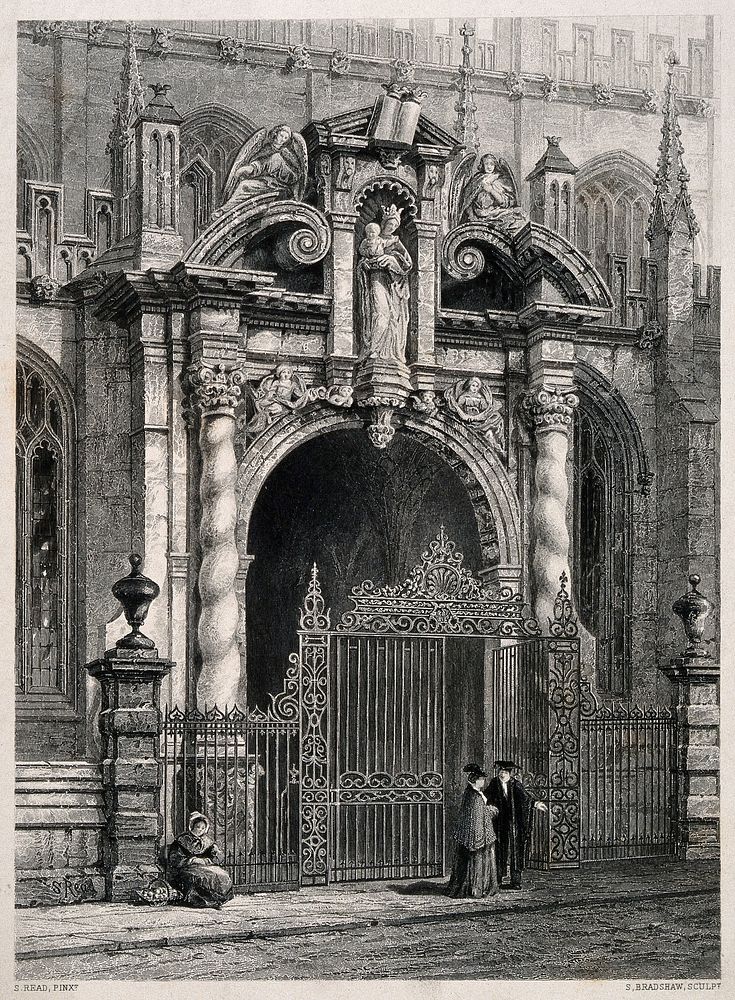 St. Mary's Church, Oxford: porch showing architectural details. Line engraving by S. Bradshaw after S. Read.