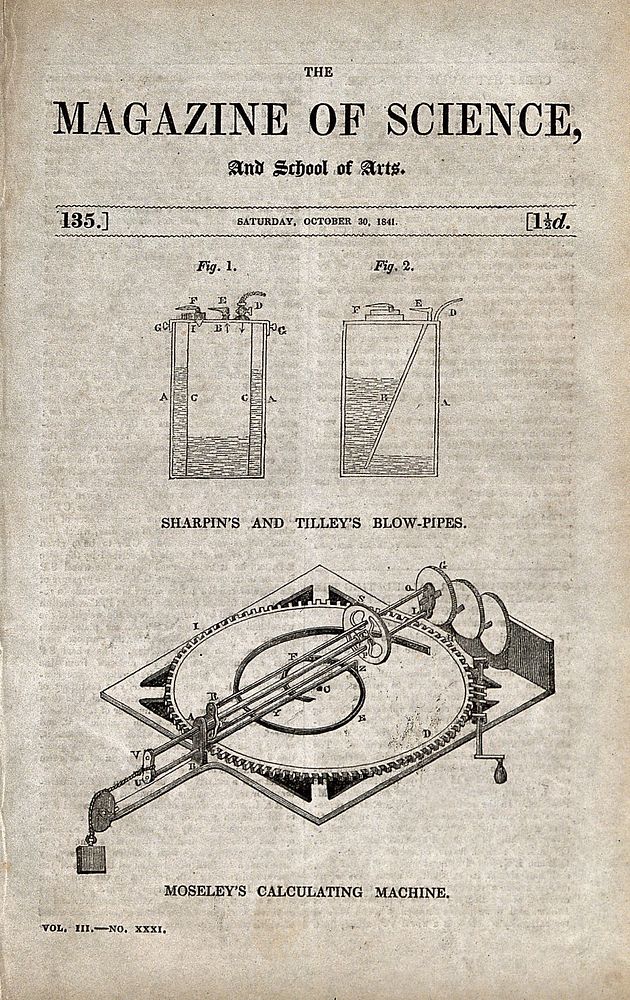 Science: a pair of blow-pipes (above), and a calculating engine (below). Wood engraving, 1841.