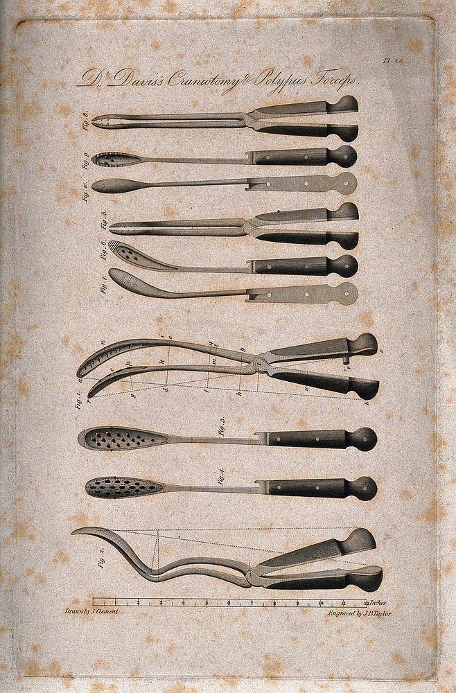 Surgical instruments: Dr. Davis's craniotomy & polypus forceps. Engraving by J.B. Taylor after J. Clement.