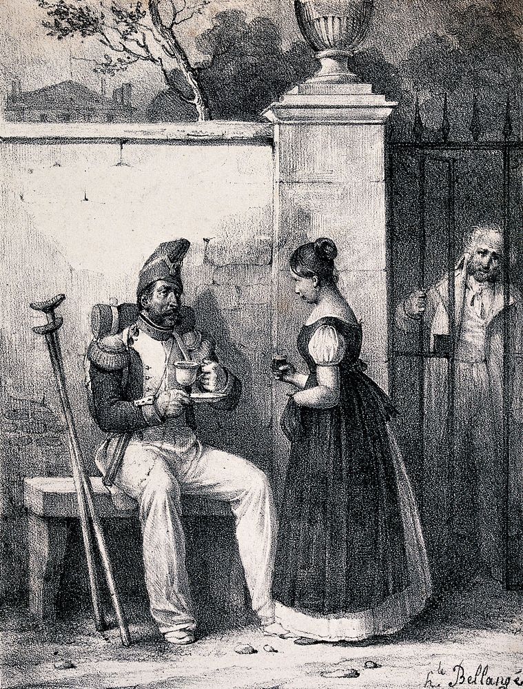 A soldier with a pair of crutches is sitting on a bench talking to a young woman who has brought him some refreshment.…