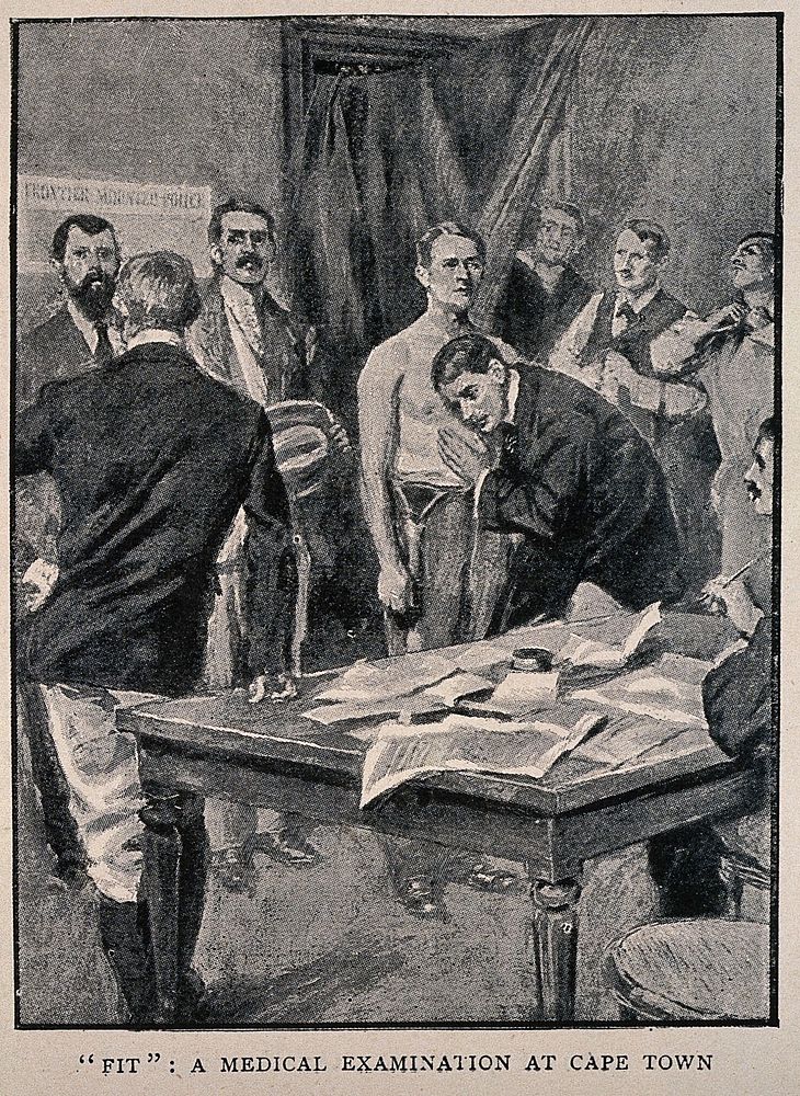 Boer War: a medical examination of soldiers at Cape Town. Halftone, 1900.