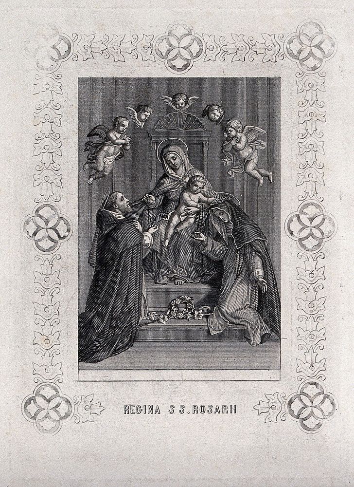 Saint Mary (the Blessed Virgin) with the Christ Child, Saint Dominic Guzman and Saint Catherine of Siena. Engraving.