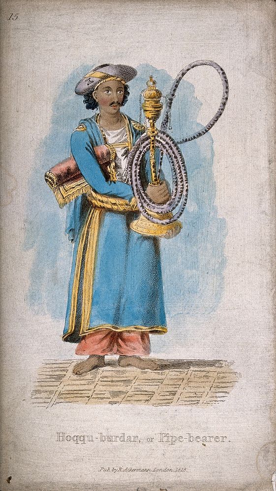 A man bearing a hooka. Coloured stipple print, c. 1828.