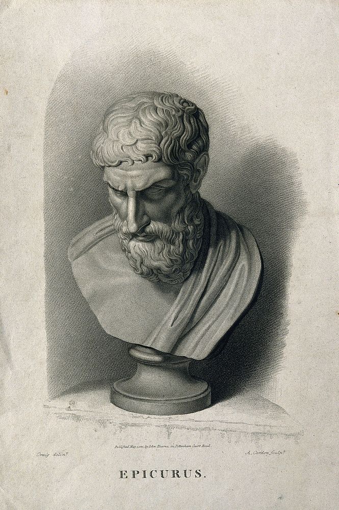 Epicurus. Stipple engraving by A. Cardon, 1823, after W.M. Craig.