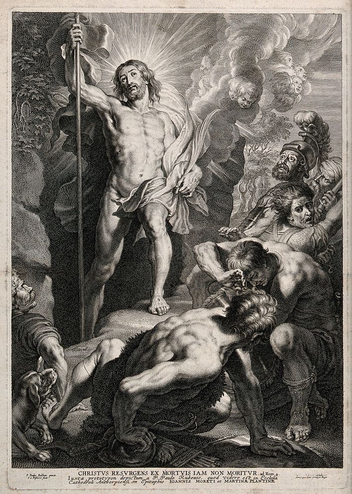 Christ resurrected emerges from his tomb. Line engraving by S.A. Bolswert after P.P. Rubens.