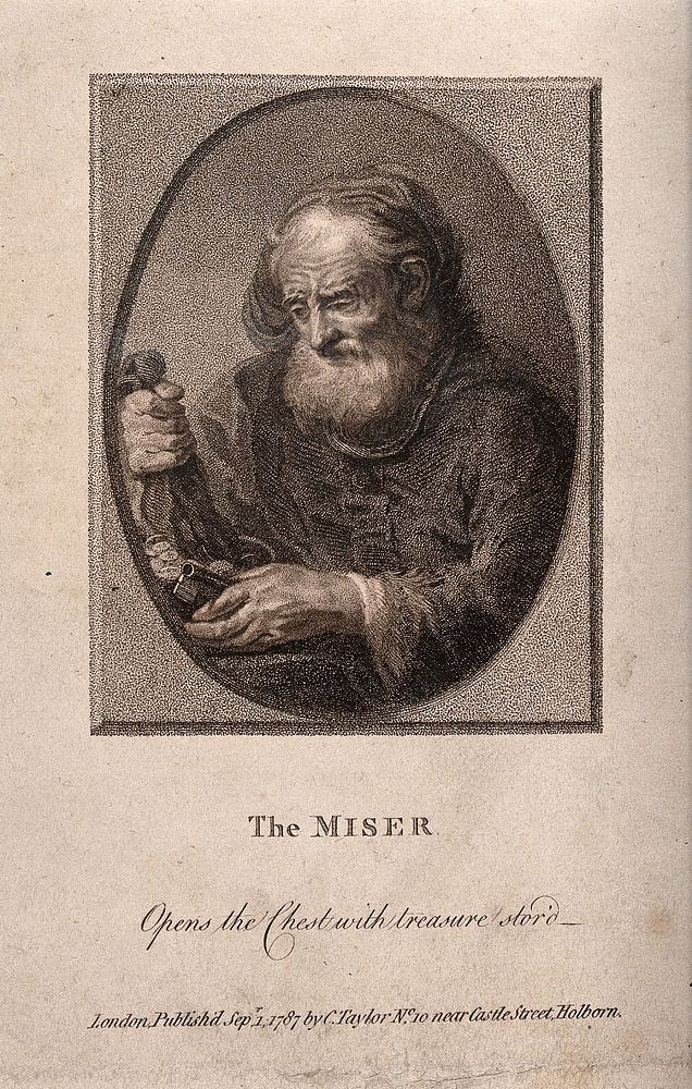 An old miser unlocks his treasure chest and clutches a bag of money. Stipple engraving, 1787.