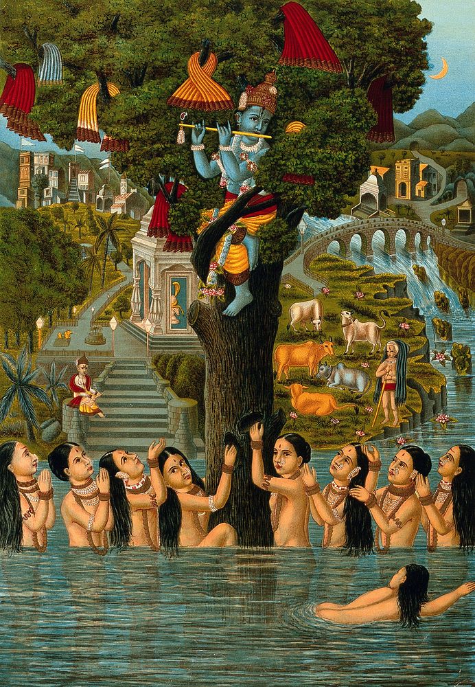 Krishna, playing the flute, seated in a tree with the milkmaids' clothes, while they, naked and in water gather around the…