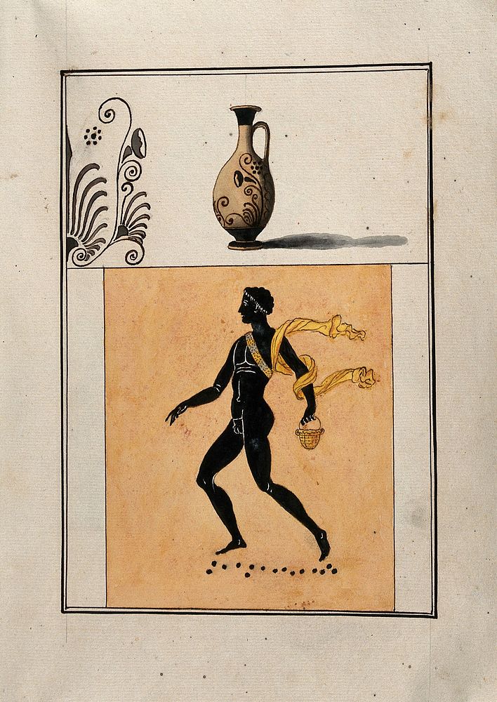 Above, Greek perfume bottle (lekythos) decorated with stylised foliage; below, black-figured naked male, holding a basket.…
