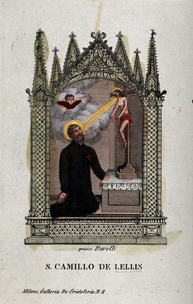 Saint Camillus de Lellis. Coloured engraving.