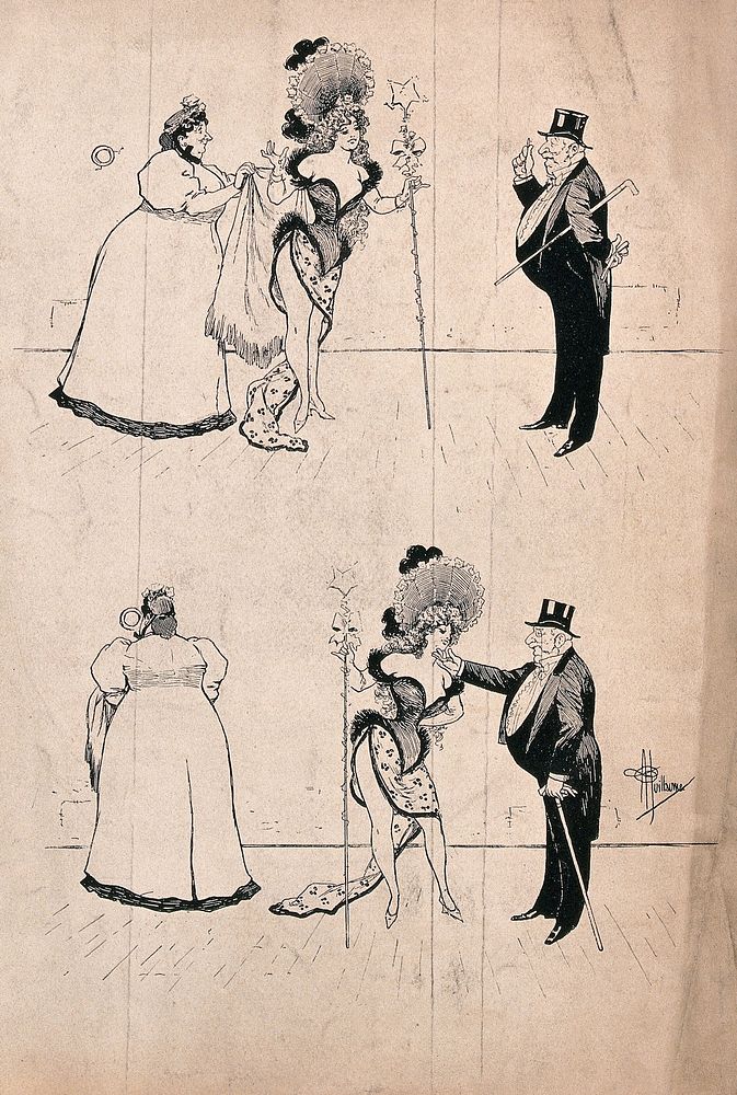 A chaperone introduces a young dancer or actress in costume to an elderly man in top hat and tails; he chucks the young…