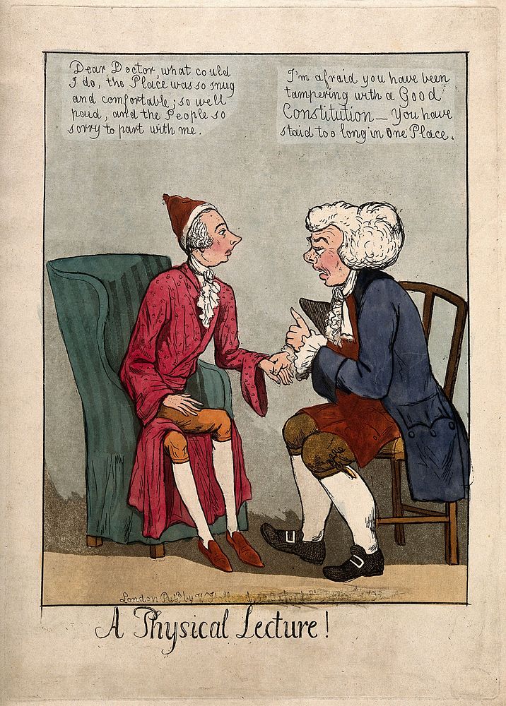 William Pitt the younger consults the doctor John Bull on his failing health. Coloured aquatint, 1798.
