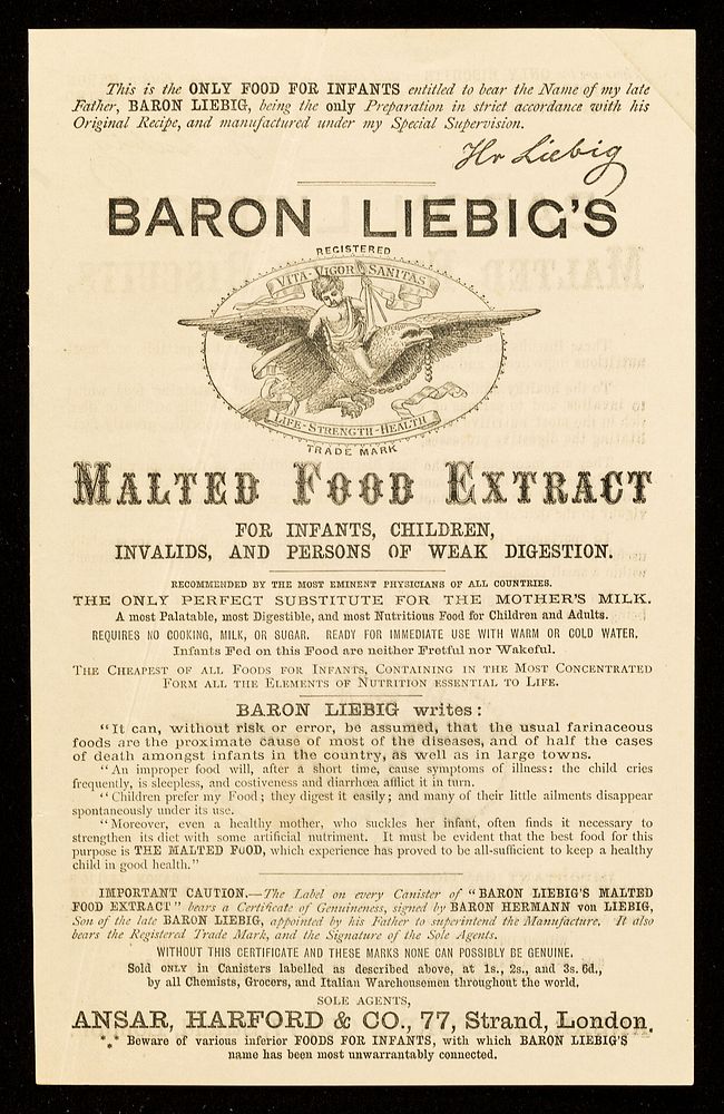 Baron Liebig's Malted Food Extract : for infants, children, invalids, and persons of weak digestion... / sole agents, Ansar…