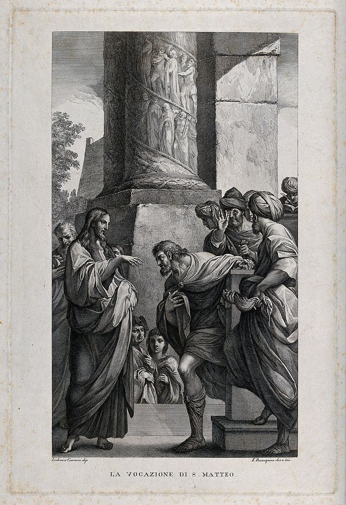 Jesus calls Matthew from among the businessmen of Capernaum. Engraving by F. Rosaspina after L. Carracci.