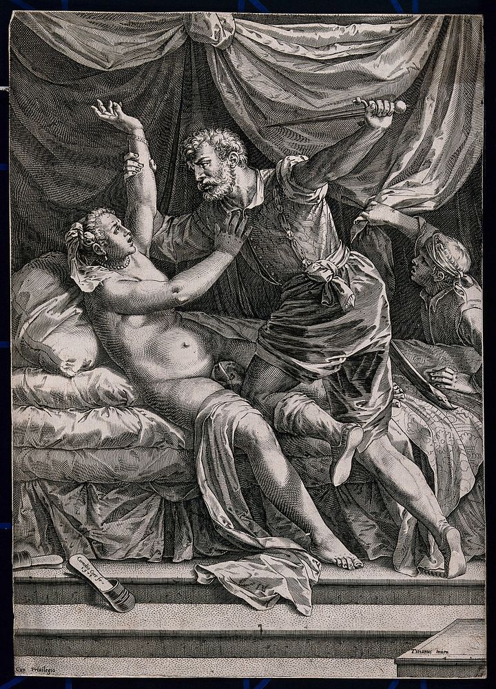 The rape of Lucretia by Tarquin. Line engraving by C. Cort after Titian, 1571.