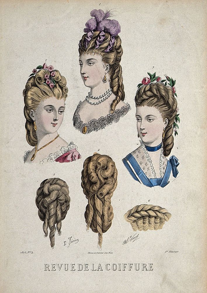 The heads of three women wearing chignons decorated with flowers, ribbons and feathers, attached to their natural hair…