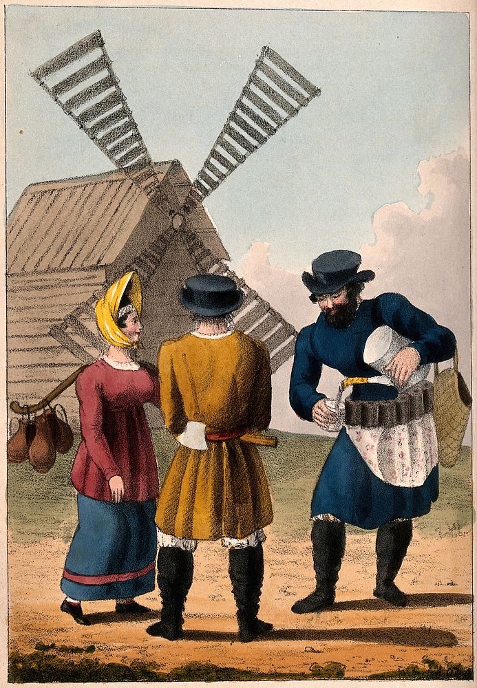 A man pours a drink for a woman carrying milk jugs and a man with an axe in his belt, as they all stand by a windmill.…