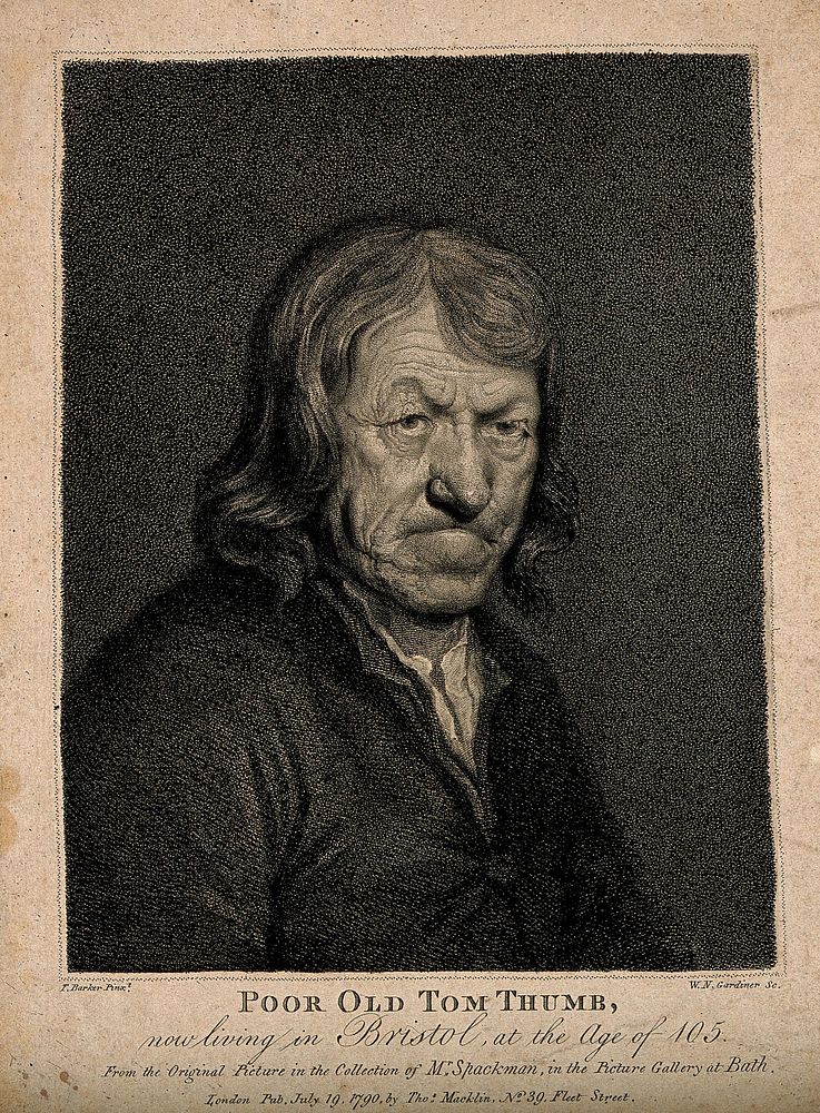 Poor Old Tom Thumb, a centenarian. Stipple engraving by W.N. Gardiner, 1790, after T. Barker.
