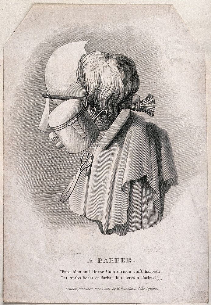 A head of a barber made up of the tools of his trade. Engraving.