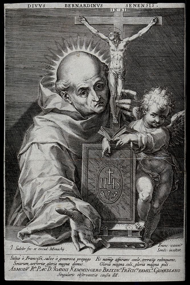Saint Bernardino of Siena. Line engraving by J. Sadeler after F. Vanni.