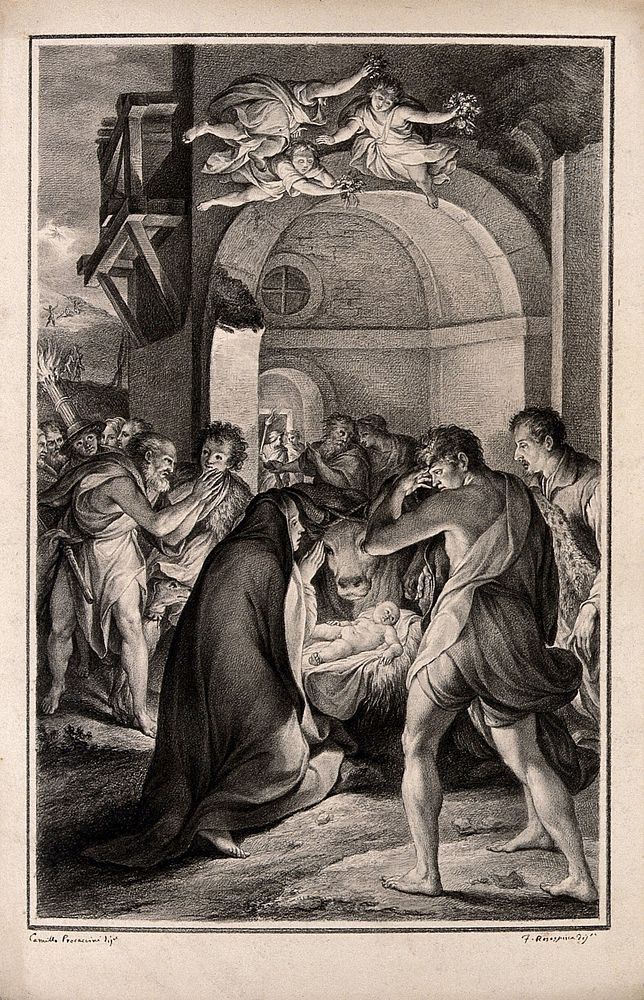 The shepherds adoring the Christ Child. Drawing by F. Rosaspina, ca. 1830, after C. Procaccini, 1584.