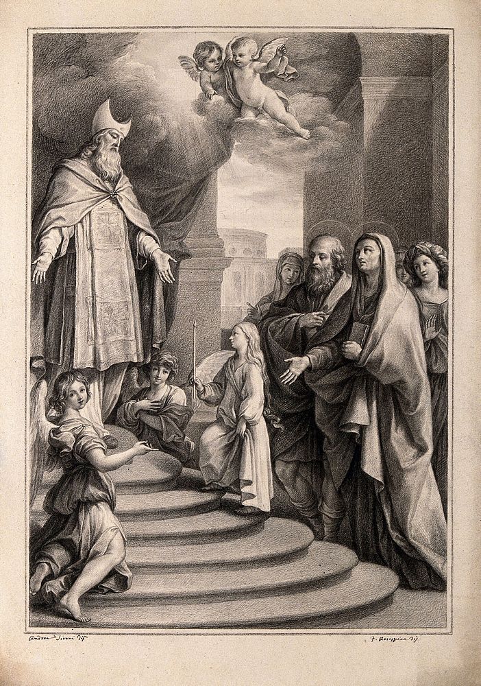 The presentation of the Virgin. Drawing by F. Rosaspina, c. 1830, after G.A. Sirani.