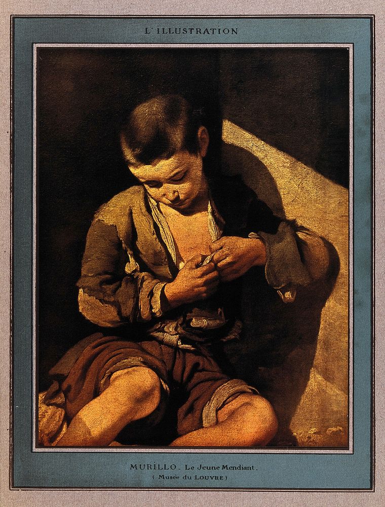 A beggar boy picking a flea from the seam of his shirt. Coloured halftone after an oil painting by B.E. Murillo.