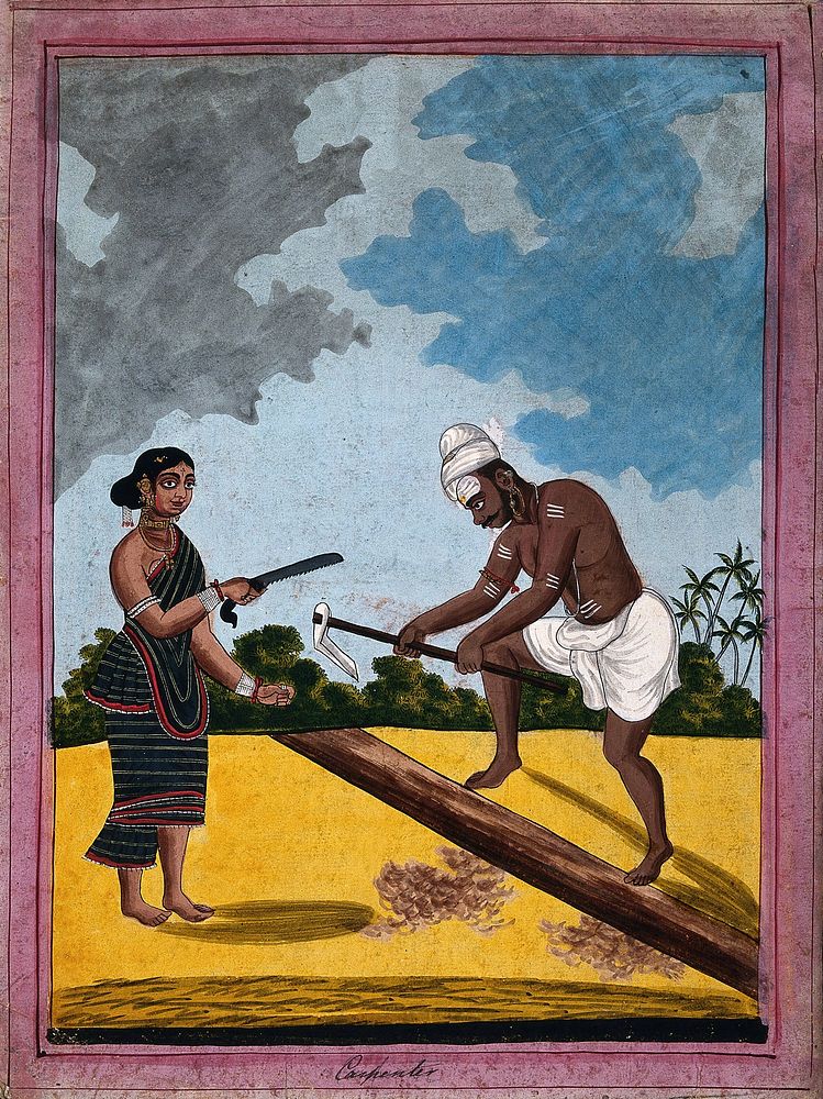 An Indian carpenter and wife holding tools. Gouache drawing.