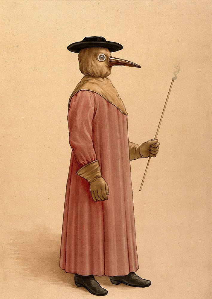 A physician wearing a 17th century plague preventive